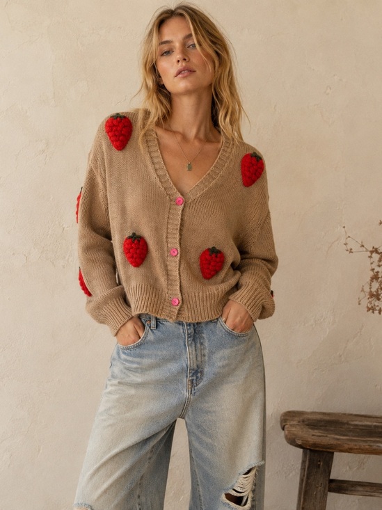 Source Unknown Sweaters - Whimsical Strawberry Appliqué Cottagecore Cardigan Sweater 🍓